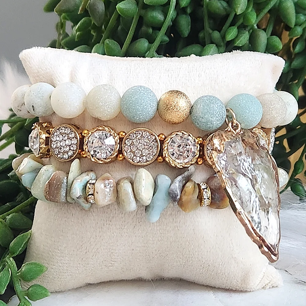 NWT Ryze 'Amber Pye' Natural Stone Amazonite Arrowhead Staxx Bracelets-Set of 3 - Picture 1 of 9